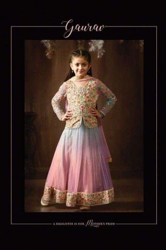 8076 BLUE AND PINK KARMA NET PARTY WEAR LENGHA SUIT FOR GIRLS