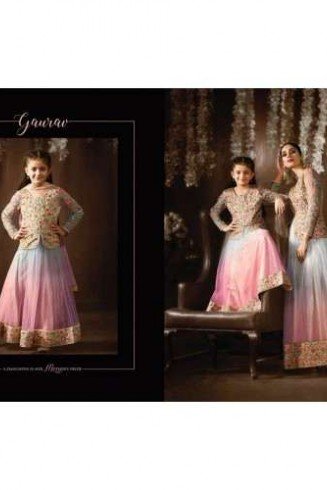 8076 BLUE AND PINK KARMA NET FABRIC HEAVY EMBROIDERED SHADED PARTY WEAR ANARKALI SUIT 