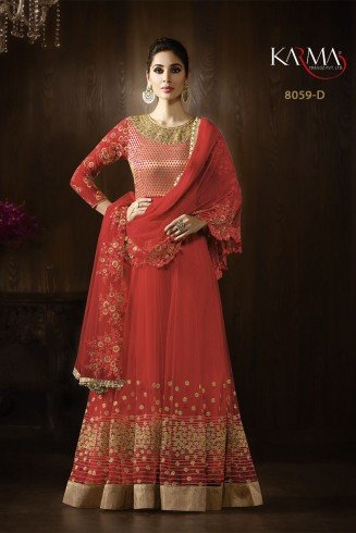 8059-D RED KARMA HEAVY GOLD EMBROIDERED WEDDING WEAR GOWN