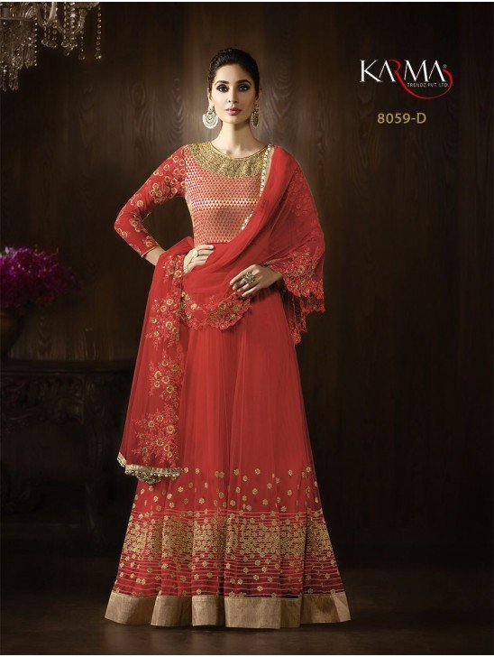 8059-D RED KARMA HEAVY GOLD EMBROIDERED WEDDING WEAR GOWN