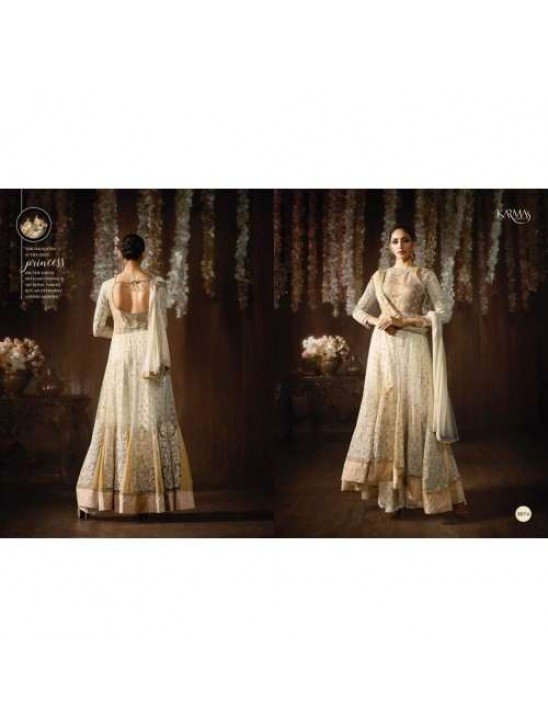8074 OFF WHITE KARMA NET FABRIC HEAVY EMBROIDERED PARTY WEAR INDIAN DESIGNER ANARKALI SUIT