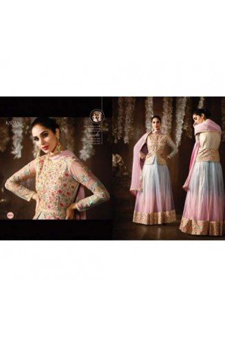 8076 BLUE AND PINK KARMA NET FABRIC HEAVY EMBROIDERED SHADED PARTY WEAR ANARKALI SUIT 
