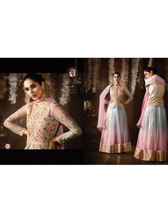 8076 BLUE AND PINK KARMA NET FABRIC HEAVY EMBROIDERED SHADED PARTY WEAR ANARKALI SUIT