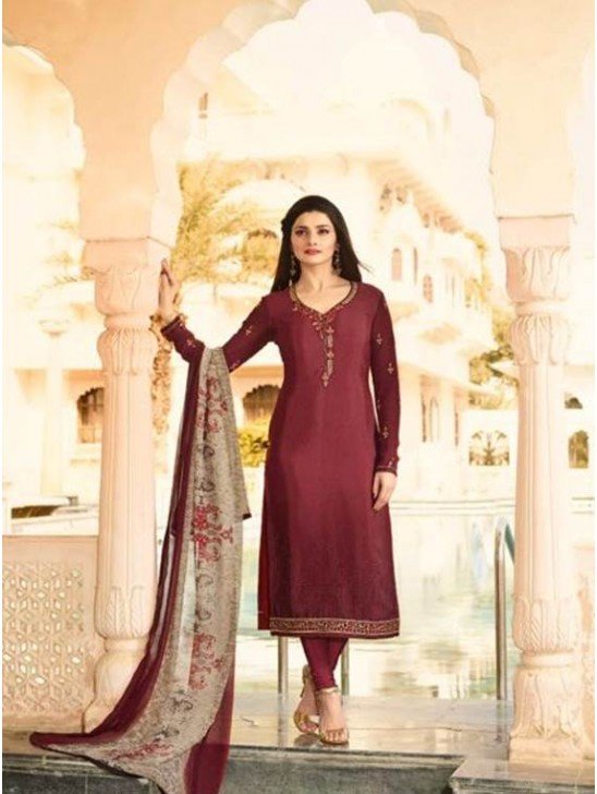 Burgundy Crepe Churidar Suit Indian Salwar Kameez