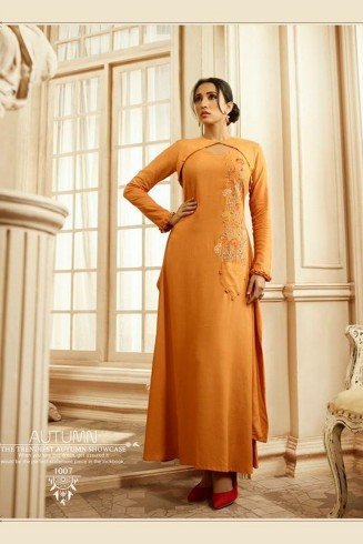 Orange Floor Length Kaftan Fancy Embroidered Party Gown