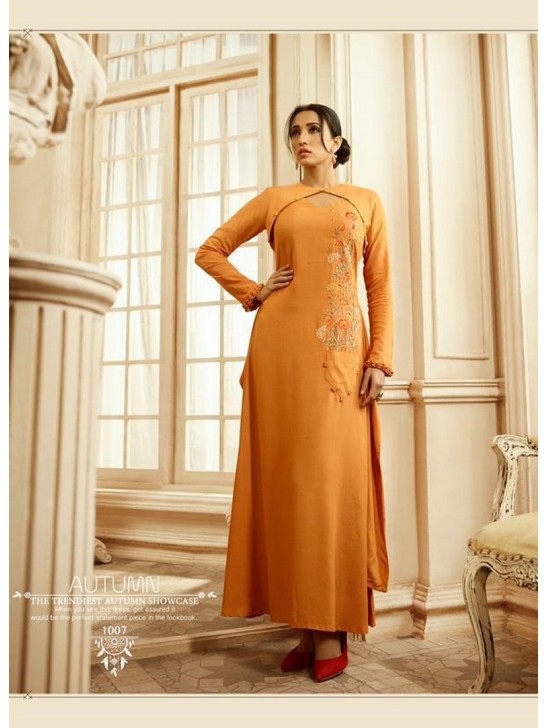 Orange Floor Length Kaftan Fancy Embroidered Party Gown