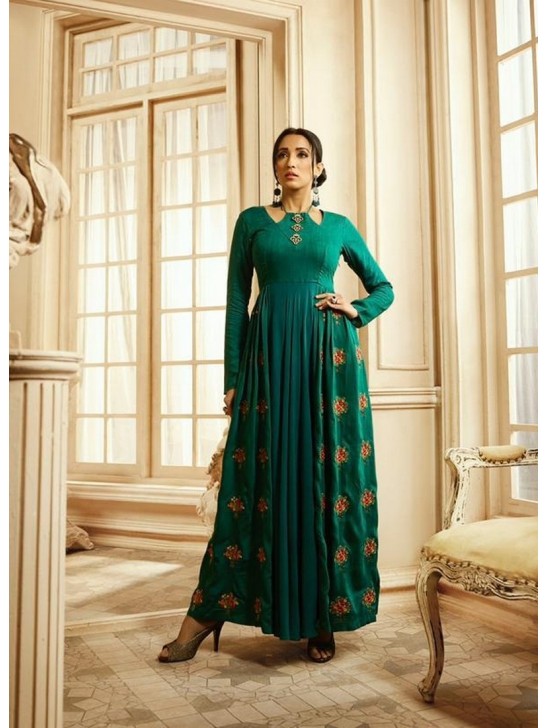 Sea Green Fancy Embroidered Kaftan Indian Designer Gown