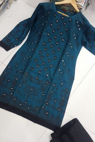 Teal Linen Mirror Work Pakistani Designer Readymade Kurti