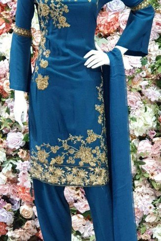 Turquoise Blue Linen Readymade Pakistani Designer Salwar Suit