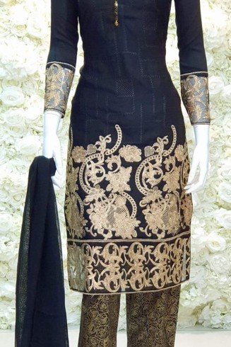 Black Heavy Embellished Linen Readymade Suit