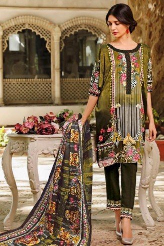 Chive Green Floral Printed Casual Pakistani Designer Suit