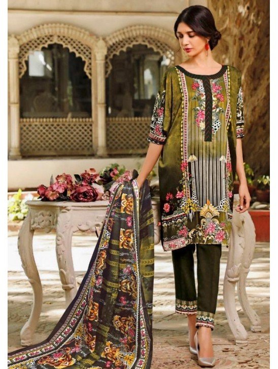 Chive Green Floral Printed Casual Pakistani Designer Suit