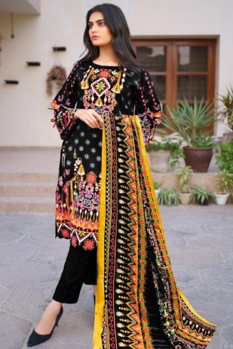 Black Ajrak Printed Lawn Kameez & Shalwar Suit Set
