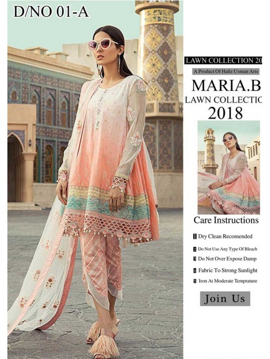 PEACH AND WHITE MARIA B LUXURY STRAIGHT SALWAR SUIT (NO FROCK)