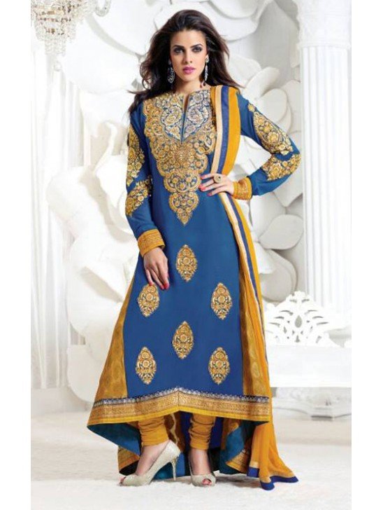 BLUE MEHZABI PARTY WEAR LONG STRAIGHT SALWAR KAMEEZ