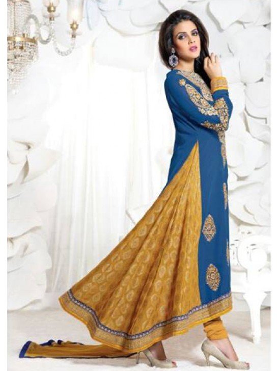 BLUE MEHZABI PARTY WEAR LONG STRAIGHT SALWAR KAMEEZ