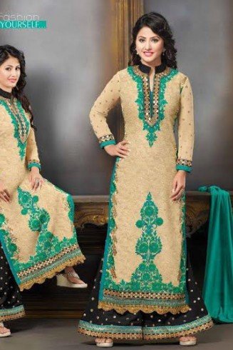 BEIGE AND BLACK STRAIGHT CUT INDIAN PALAZZO SUIT