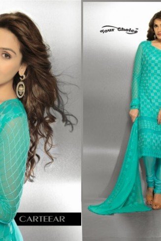 TURQUOISE PARTY WEAR EMBROIDERED CHURIDAR SUIT
