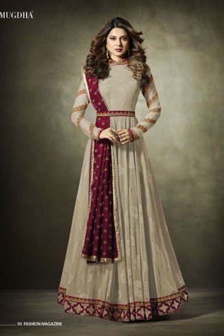 Beige Jacquard Anarkali Suit With Velvet Shawl