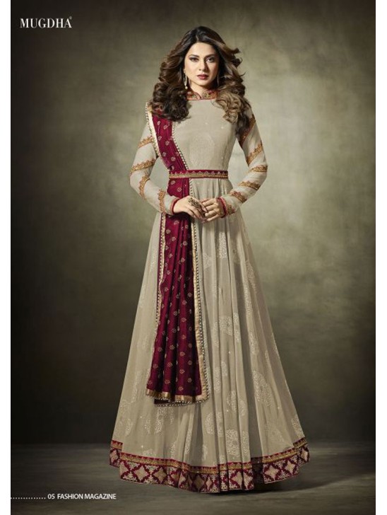 Beige Jacquard Anarkali Suit With Velvet Shawl