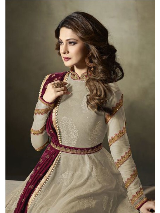 Beige Jacquard Anarkali Suit With Velvet Shawl