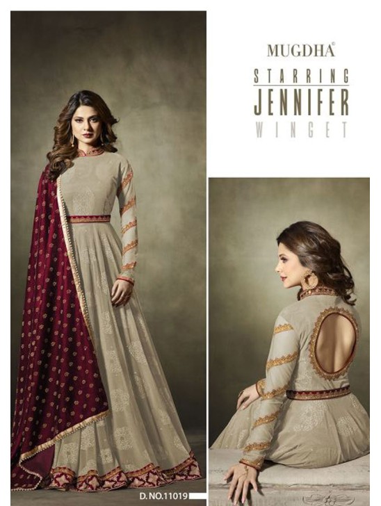 Beige Jacquard Anarkali Suit With Velvet Shawl