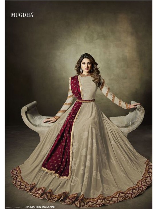 Beige Jacquard Anarkali Suit With Velvet Shawl