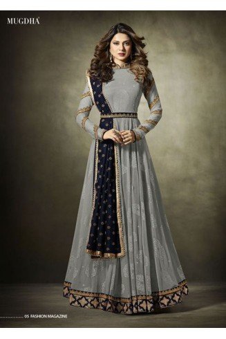  Grey Maxi Gown Jacquard Anarkali Suit With Velvet Shawl