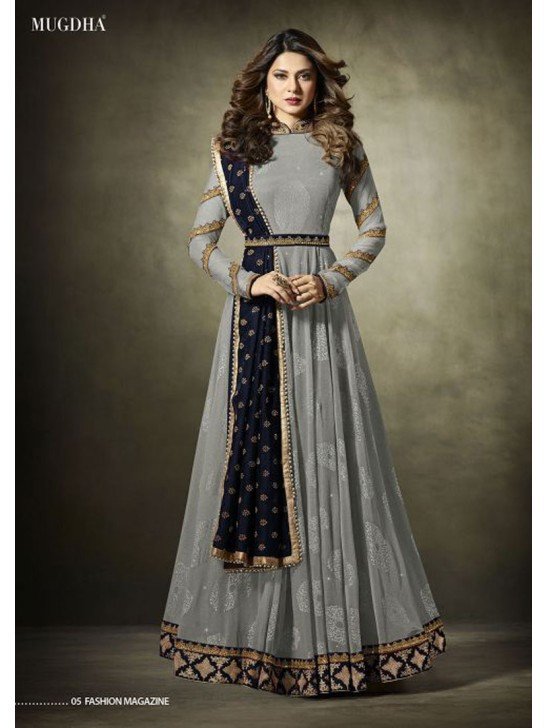 Grey Maxi Gown Jacquard Anarkali Suit With Velvet Shawl