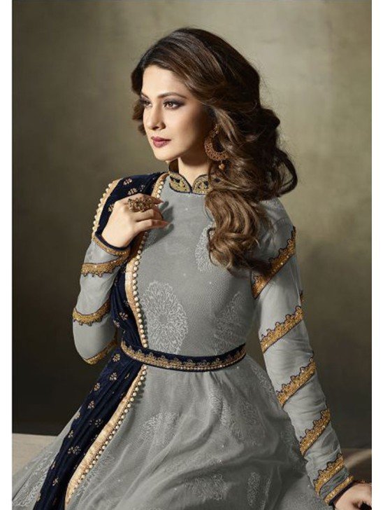 Grey Maxi Gown Jacquard Anarkali Suit With Velvet Shawl