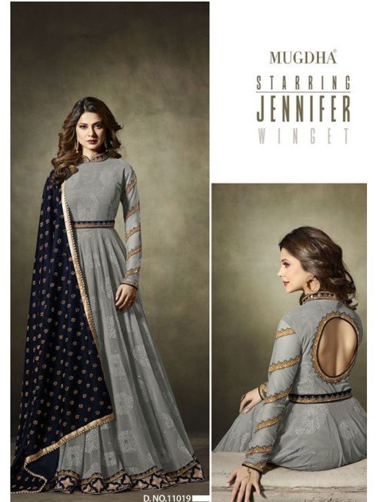 Grey Maxi Gown Jacquard Anarkali Suit With Velvet Shawl