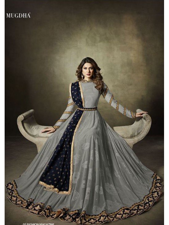 Grey Maxi Gown Jacquard Anarkali Suit With Velvet Shawl