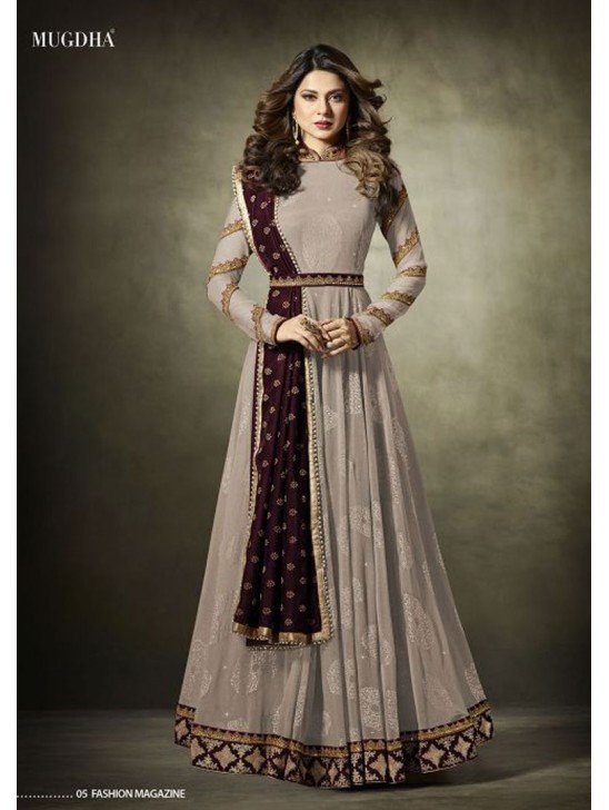 Beige Jacquard Evening Dress Anarkali Gown