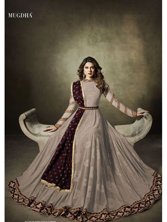 Beige Jacquard Evening Dress Anarkali Gown