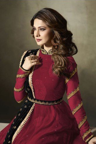11019 Stunning Red Lycra Jacquard Semi Stitched Anarkali Suit With Velvet Shawl
