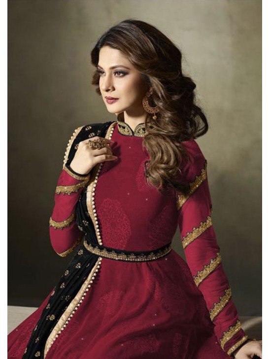 11019 Stunning Red Lycra Jacquard Semi Stitched Anarkali Suit With Velvet Shawl