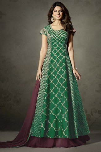GREEN AND WINE INDIAN EMBELLISHED ANARKALI DRESS