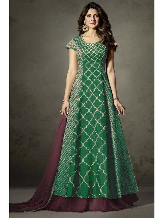 GREEN AND WINE INDIAN EMBELLISHED ANARKALI DRESS