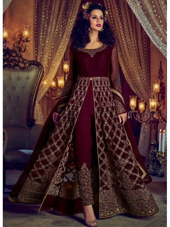 MAROON NIRVANA 5201 EMBROIDERED SLIT STYLE ANARKALI SEMI STITCHED GOWN ( DELIVERY IN 2 WEEKS )