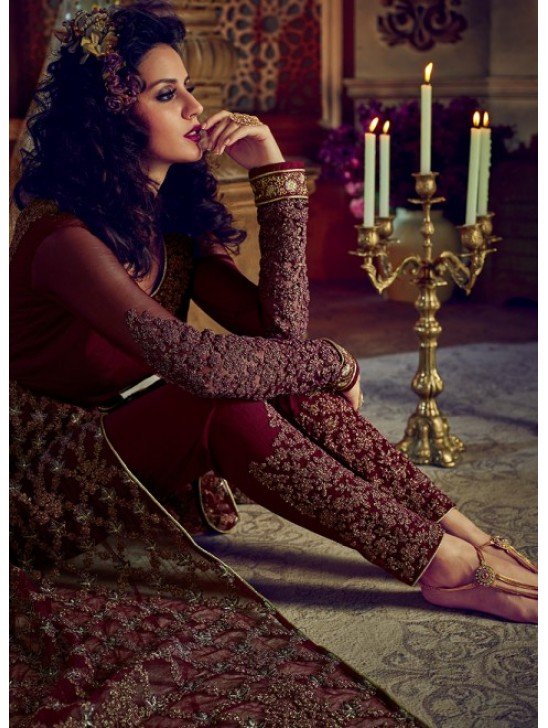 MAROON NIRVANA 5201 EMBROIDERED SLIT STYLE ANARKALI SEMI STITCHED GOWN ( DELIVERY IN 2 WEEKS )