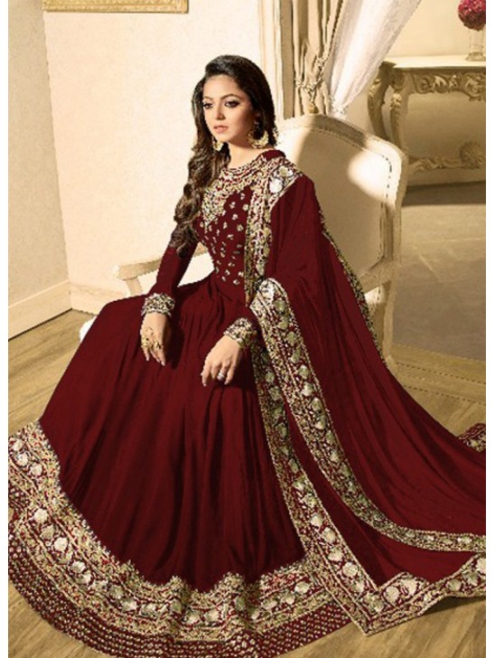 RED INDIAN STYLE EMBROIDERED MEHNDI WEAR ANARKALI GOWN