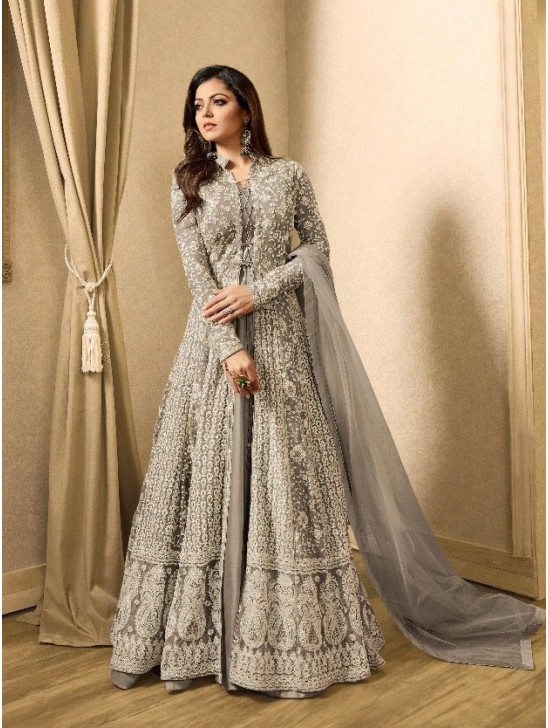 EID DRESS COLLECTION : GREY EMBELLISHED ANARKALI SUIT