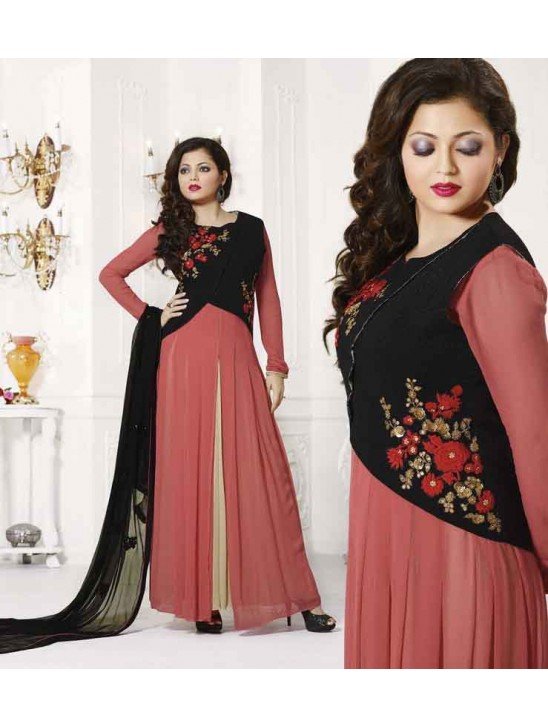 Coral Red Front Slit Jacket Style Anarkali Dress