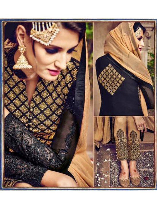 Omtex 81 Beige And Black Georgette Straight Cut Suit