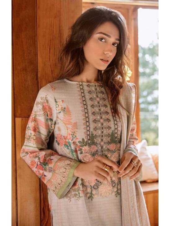 Off White Pakistani Designer Suit Embroidered Lawn Dress