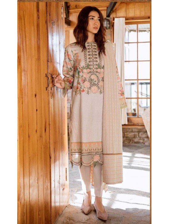 Off White Pakistani Designer Suit Embroidered Lawn Dress