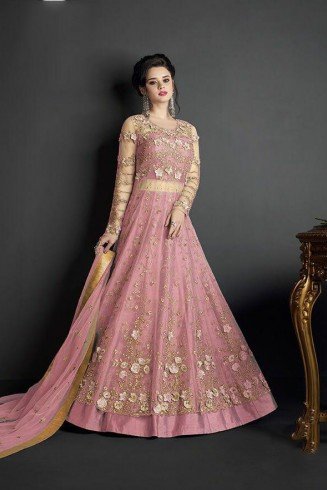 Pink Party Dress Heavy Embroidered Net Indian Gown 