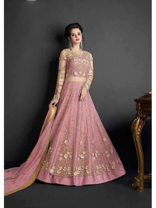 Pink Party Dress Heavy Embroidered Net Indian Gown