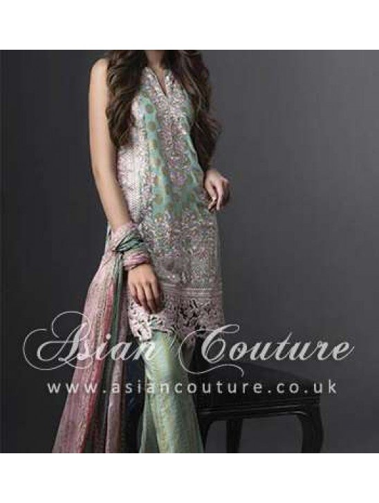 GREEN PINK SEMI STITCHED PAKISTANI LAWN  SUIT