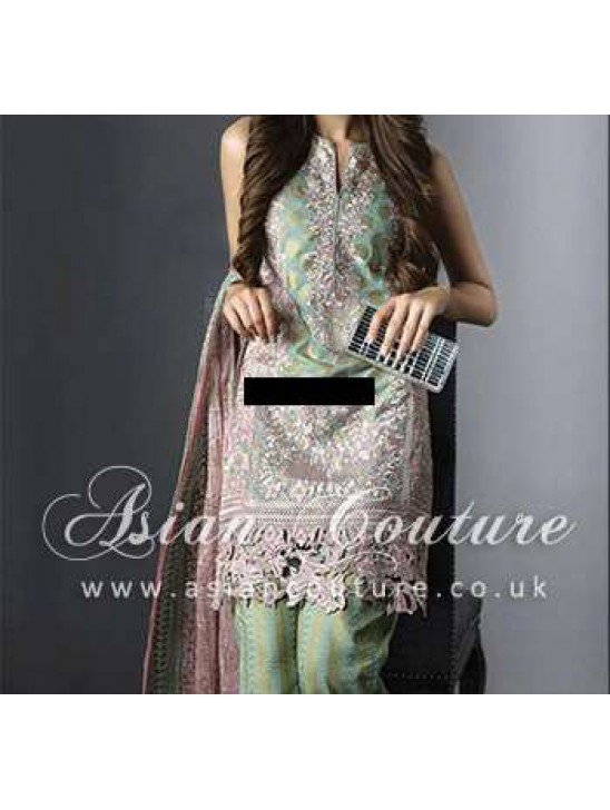 GREEN PINK SEMI STITCHED PAKISTANI LAWN  SUIT